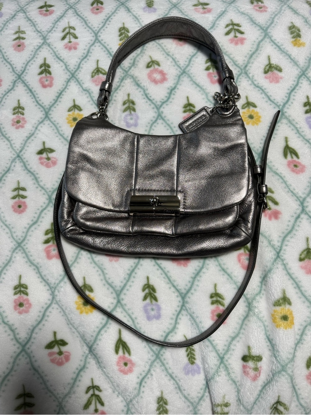 Authentic Coach Kristin Metallic Silver Pewter Leather Front Flap Shoulder Bag